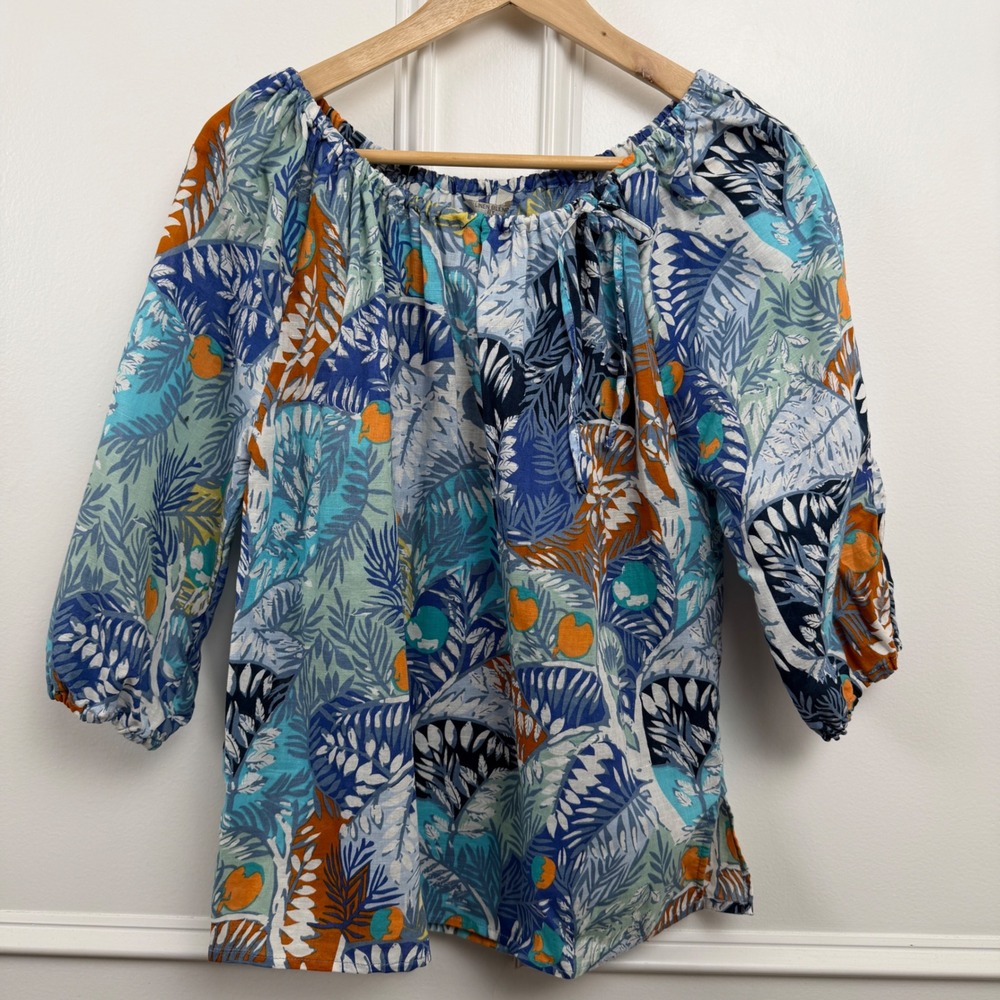 Hester & Orchard Linen Blend Tropical Print Blouse‎ Size S